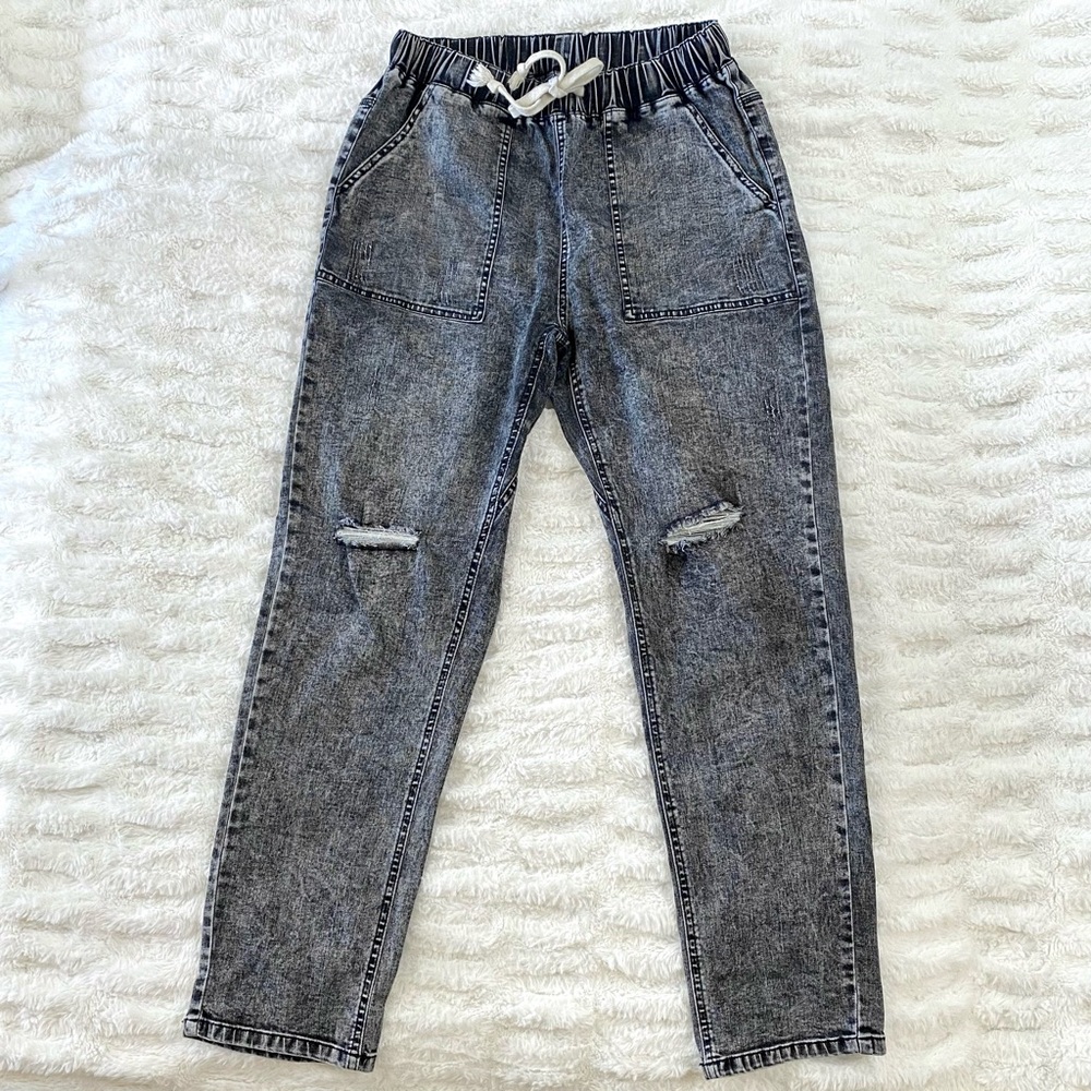 Stretchy Black Denim Pants with Drawstring Elastic Waist Size M